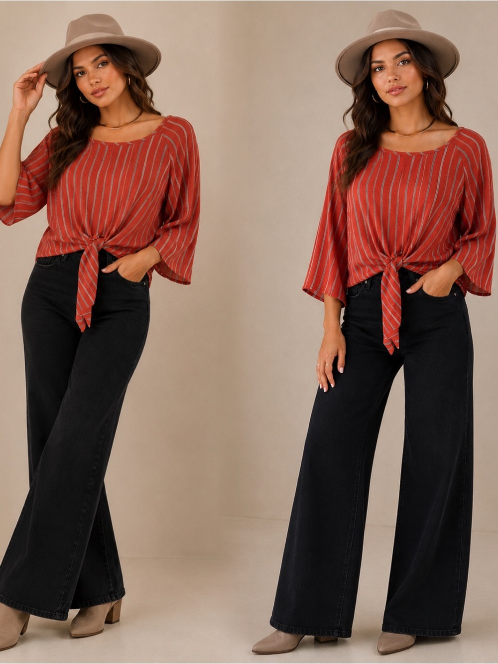 Striped Rust Tie-Front Blouse - Picture 3 of 12